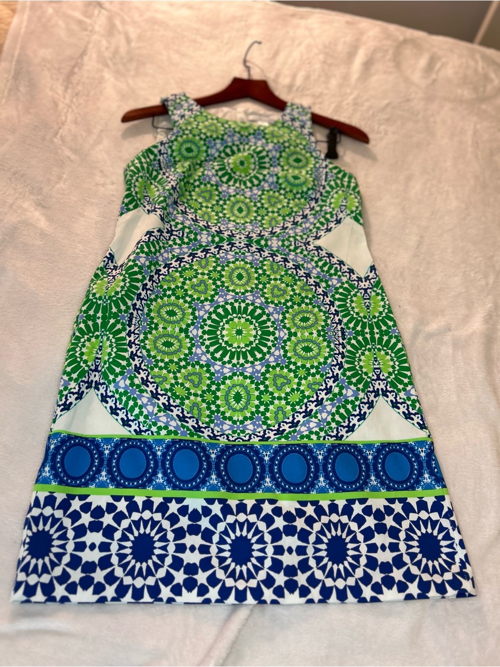 London Times Green & Blue Printed Sleeveless Shift Dress Sz Small - Picture 3 of 6